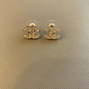Authentic CHANEL CC Logo Rhinestone Earrings